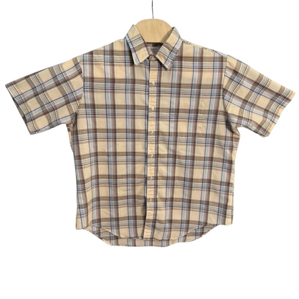 Vintage Designer Collection Plaid Short Sleeve Button Down Shirt Tan Blue Large